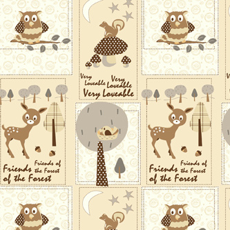 Very Loveable Owl Deer Patchwork Tan Gray Flannel-david textiles flannel fabric very loveable deer owl patchwork tan gray