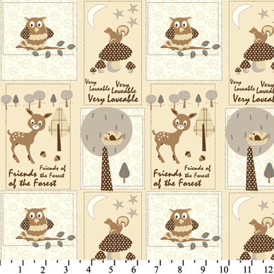 Very Loveable Owl Deer Patchwork Tan Gray Flannel-david textiles flannel fabric very loveable deer owl patchwork tan gray