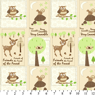 Very Loveable Owl Deer Patchwork Green Tan Flannel-david textiles flannel fabric very loveable deer owl patchwork green tan