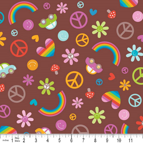 Feeling Groovy Main Brown Flannel-riley blake designs doodlebug flannel fabric feeling groovy peace rainbow f6500 main brown