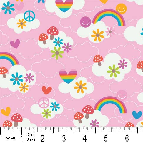 Feeling Groovy Clouds Pink Flannel-riley blake designs doodlebug flannel fabric feeling groovy peace rainbow f6501 clouds pink