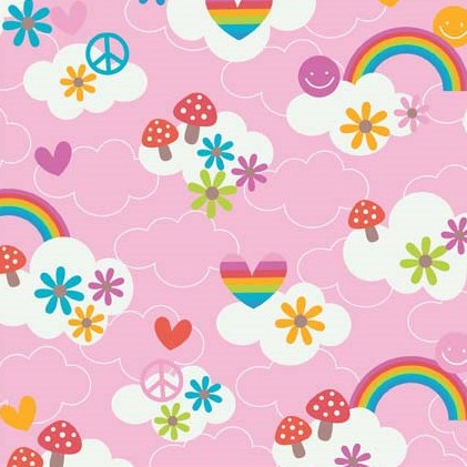 Feeling Groovy Clouds Pink Flannel-riley blake designs doodlebug flannel fabric feeling groovy peace rainbow f6501 clouds pink