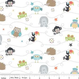 Life in the Jungle Roll Call White Flannel-riley blake designs flannel fabric doohikey designs life in the jungle roll call white f3161 monkey toucan owl frog hedgehog hippo