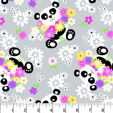 Comfy Panda and Flowers on Gray Flannel - 15" Remnant