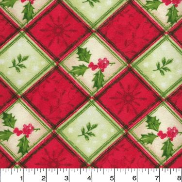 Red Cream Holly Squares Christmas Flannel by Fabri-Quilt - 30" Remnant