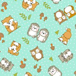 Comfy Woodland Animals on Aqua Flannel