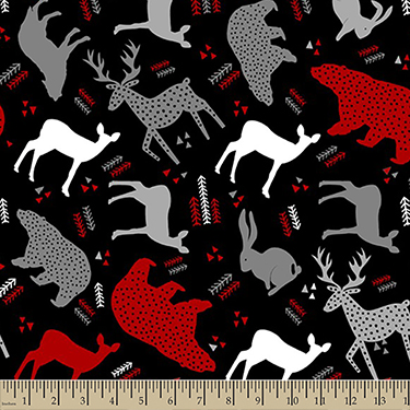 Modern Forest Animals Black Red Gray Flannel