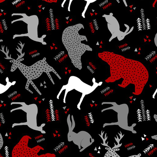 Modern Forest Animals Black Red Gray Flannel