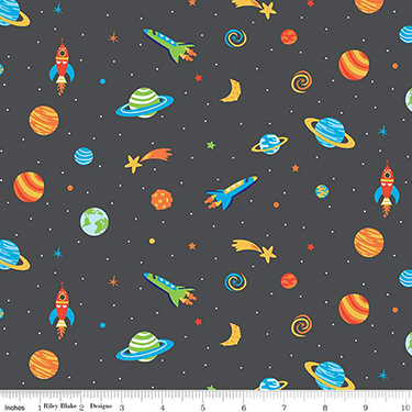 Blast Off Outer Space Charcoal Flannel F12591