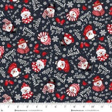Snow Crew Snowman Faces and Words on Black Flannel