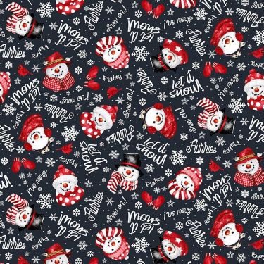 Snow Crew Snowman Faces and Words on Black Flannel