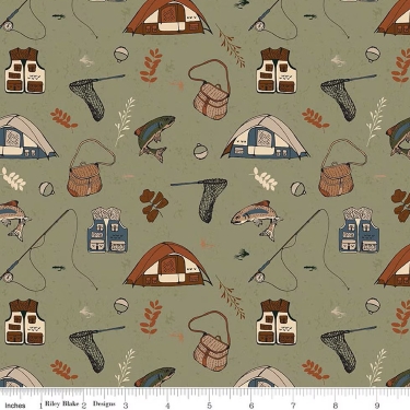 Let's Wander Gone Fishing Sage Flannel F17504