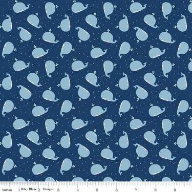Love You to the Moon Whales Navy Flannel F1823