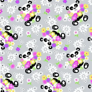 Comfy Panda and Flowers on Gray Flannel