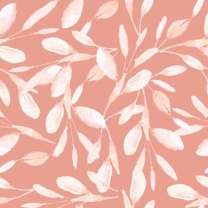 White Leaves on Coral Flannel
