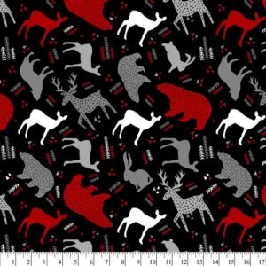 Modern Forest Animals Black Red Gray Flannel