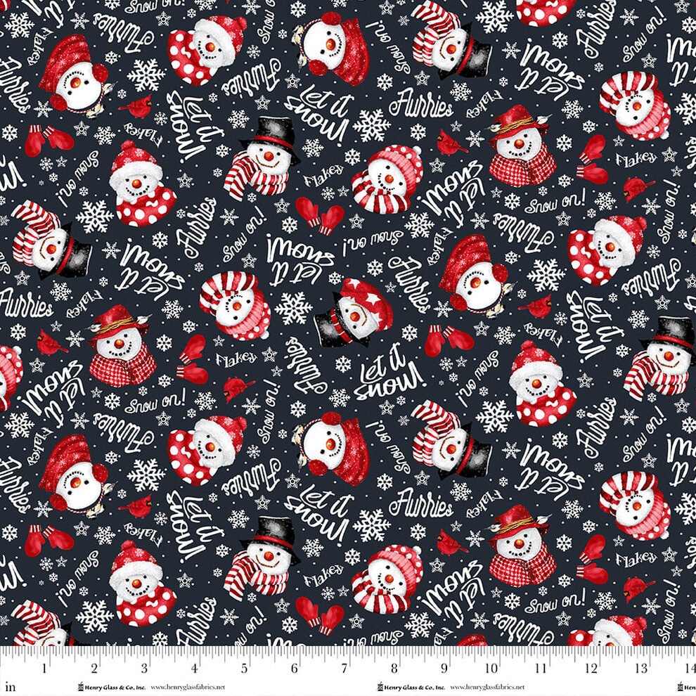Snow Crew Snowman Faces and Words on Black Flannel